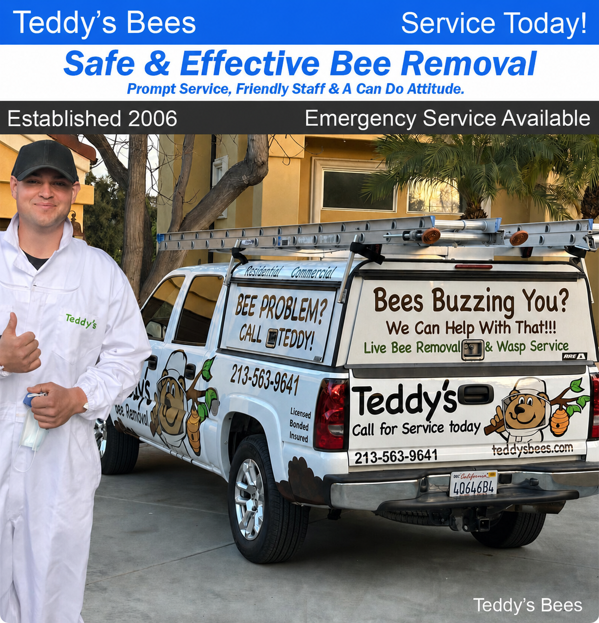 picture of teddys bee removal trucks in front of a customers home.